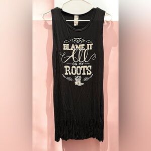 Liberty Black Graphic Fringe Tank dress MEDIUM length 35in pit to pit 18in NWT